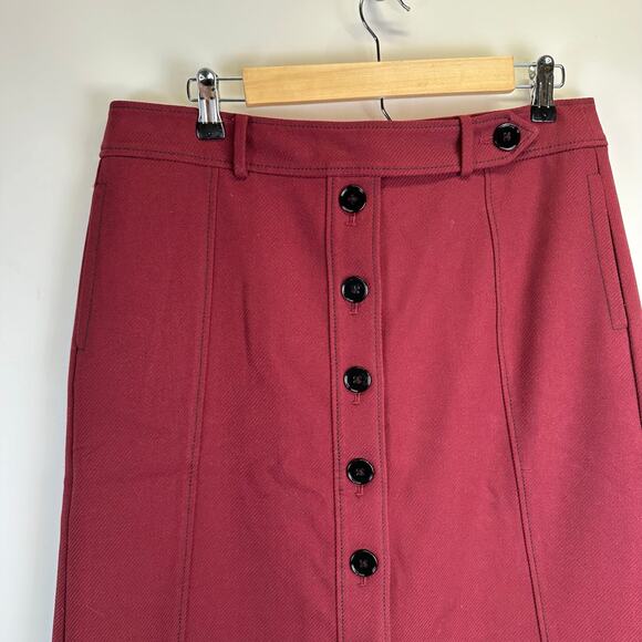 Loft Burgundy Button Straight Placket Knee Length Skirt Women Size 10 Officecore - Picture 2 of 16